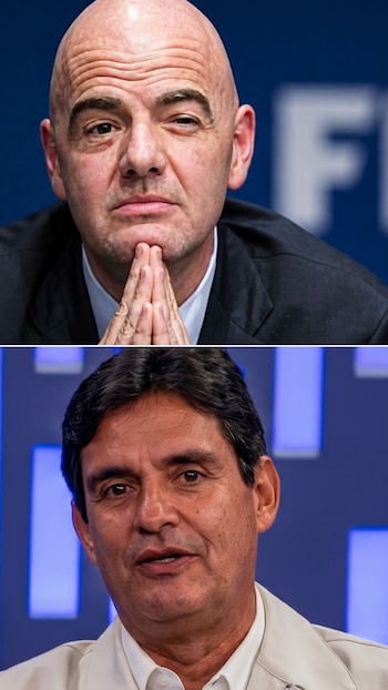Primer plano de dos hombres: arriba, un hombre calvo con traje oscuro y manos juntas; abajo, un hombre de cabello oscuro y chaqueta clara, ambos mirando al frente