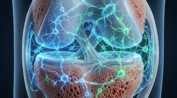 Render hiperrealista de una articulación de rodilla en corte transversal, mostrando cartílago, hueso y redes proteicas luminosas en azul y verde.