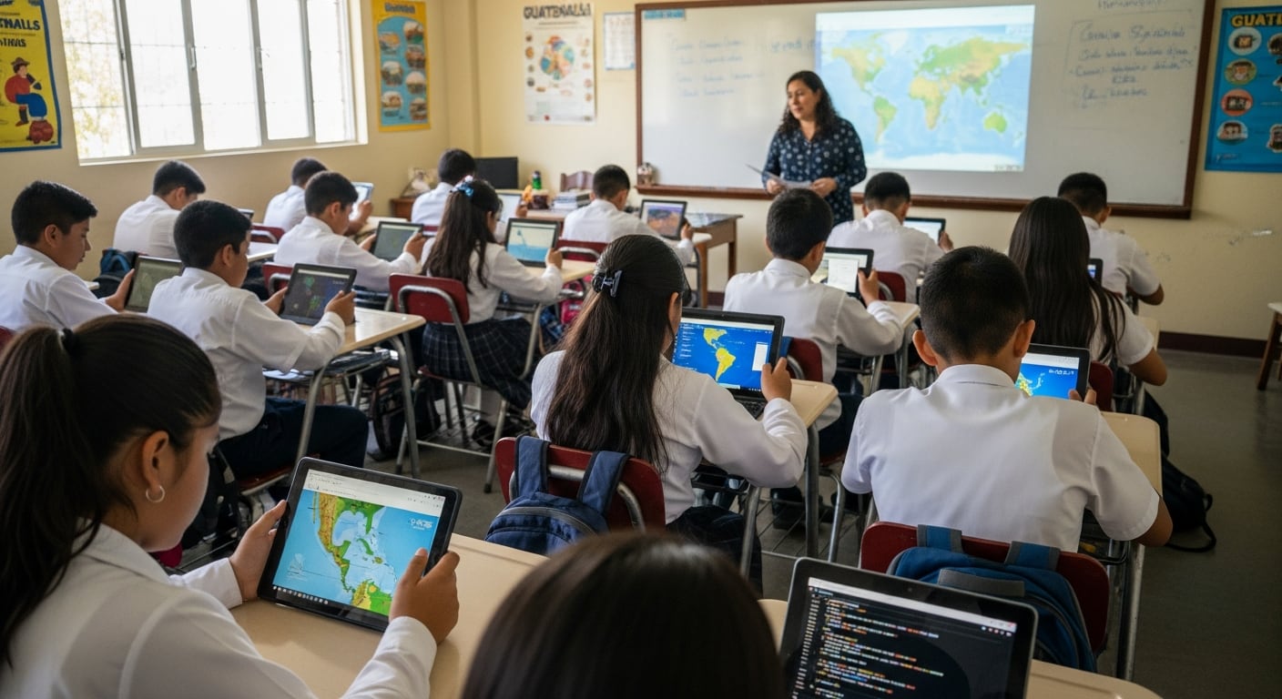 Estudiantes de primaria en Guatemala aprenden geografía con tabletas y laptops en un aula mientras la maestra observa la pantalla proyectada con un mapa mundial. (Imagen Ilustrativa Infobae)