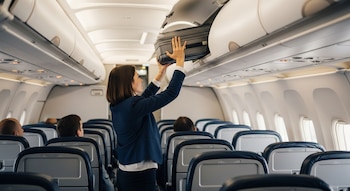 Una mujer sube una maleta de color gris a un compartimento superior en la cabina de un avión, con pasajeros sentados en las filas de asientos.