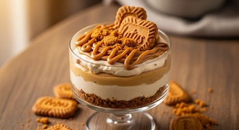 Un postre Lotus sin horno en un vaso de cristal, con capas de crema clara y oscura, cubierto con salsa de caramelo, migas y galletas Biscoff enteras sobre una mesa de madera.