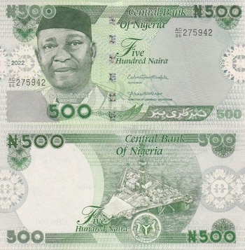 Billete de 500 nairas nigerianas con retrato de Nnamdi Azikiwe y una plataforma petrolífera, textos y números de serie