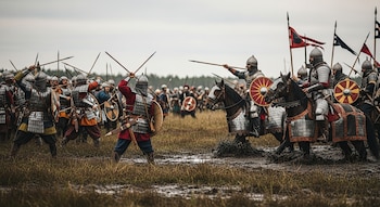 Soldados con armadura y escudos se enfrentan en un campo fangoso. Infantería con lanzas y jabalinas, caballería montada con armas y estandartes.