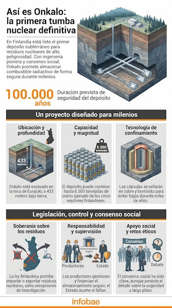 Infografía ilustra la construcción subterránea del depósito Onkalo en Finlandia, mostrando túneles, un edificio en superficie y diagramas de su diseño y funcionamiento.