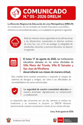 Clases virtuales este lunes 17 de agosto: estos son los distritos afectados por las lluvias. Captura: Video Facebook.