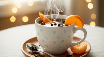 Primer plano de una taza blanca con diseño floral azul, conteniendo té negro humeante con una rodaja y cáscara de mandarina, y clavos de olor. Fondo con luces bokeh.