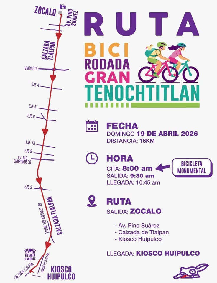 Este cartel detalla la Ruta Bici Rodada Gran Tenochtitlan, un evento ciclista de 16 km que se realizará el 19 de abril de 2026 desde el Zócalo hasta Kiosco Huitpulco, destacando la ruta por Calzada de Tlalpan. (X/ @CdmxPilares)