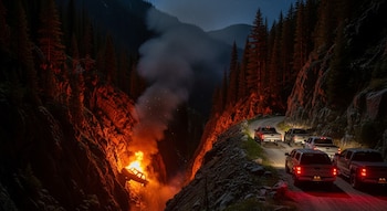 Brecha en sierra arbolada de noche con camioneta volcada e incendiada en el barranco. Cuatro camionetas pick up visibles en el camino de tierra superior.