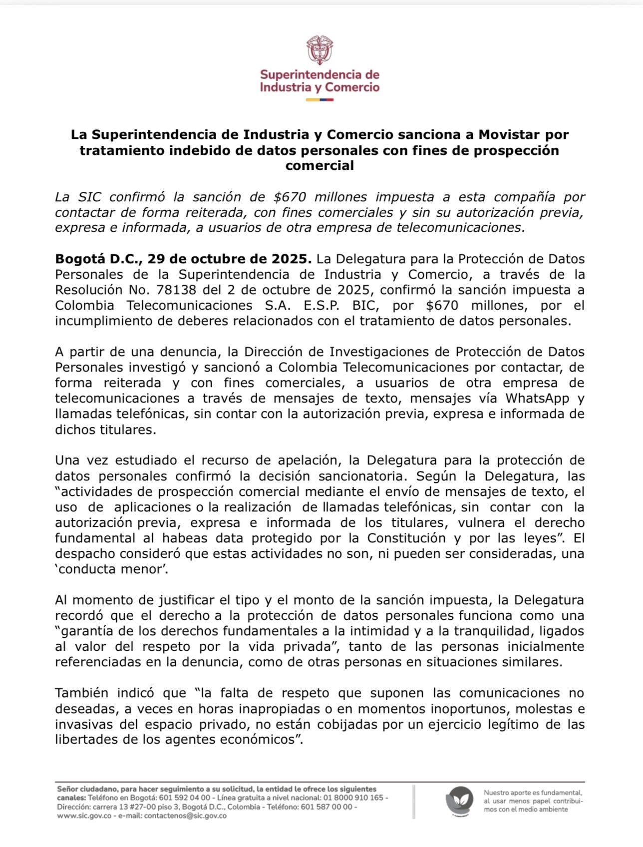 SIC sancionó a Movistar por malas prácticas con sus clientes - crédito @sicsuper/X