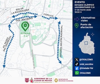 Mapa vial de la Ciudad de México centrado en Estadio C.U. con rutas alternativas y cierres por un partido el 17 de mayo de 2026, junto a contactos de OVIALCDMX