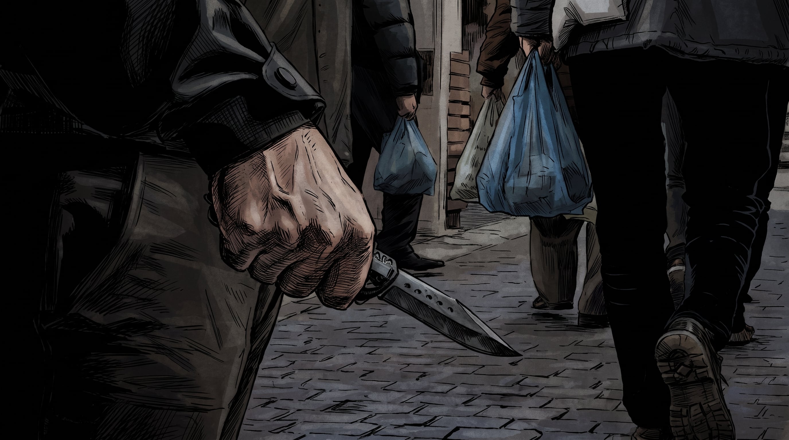 Una ilustración muestra a un hombre que lleva un cuchillo parcialmente oculto en la mano, mientras camina por una calle adoquinada entre otros transeúntes con bolsas. (Imagen Ilustrativa Infobae)