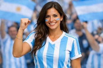 Una mujer morena sonriente con una camiseta de rayas celestes y blancas, y pintura facial azul en las mejillas, levanta el puño derecho. Al fondo, una multitud y banderas argentinas borrosas.