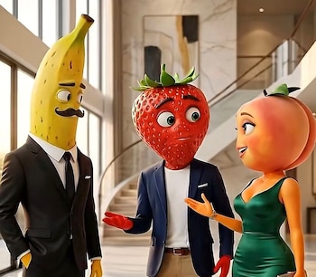 Animación de tres personajes con cabezas de plátano con bigote, fresa y durazno, vestidos con ropa elegante, conversando en un vestíbulo moderno