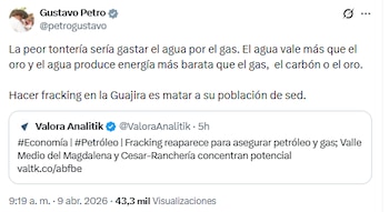 El jefe de Estado considera que la extracción de hidrocarburos a presión afectaría las fuentes hídricas de Colombia - crédito @petrogustavo/X