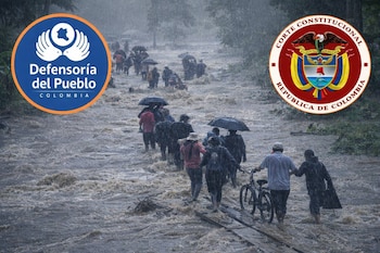 Grupo de personas camina en un camino inundado con agua turbia bajo fuerte lluvia. Se ven paraguas y una bicicleta. Logos de Defensoría del Pueblo y Corte Constitucional.