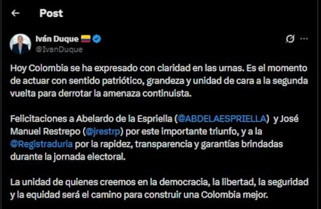 Expresidente Iván Duque reaccionó a los resultados de las elecciones - crédito @IvanDuque/X
