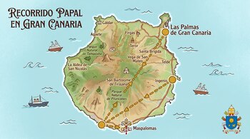 Mapa ilustrativo de Gran Canaria detallando una ruta de visita papal entre ciudades clave, con puntos amarillos y el escudo del Vaticano.