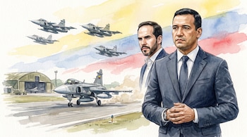 Dos hombres con traje, varios aviones caza Gripen en el aire y en una pista de aterrizaje junto a un hangar militar, con un cielo de acuarela.