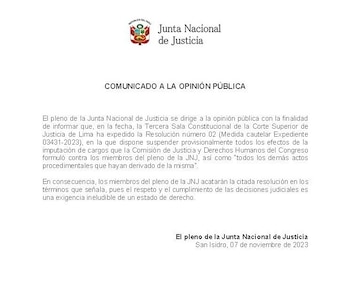 Comunicado de la JNJ tras