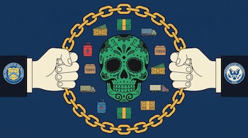 Calavera verde, cadenas doradas, dos manos. Escudos del Departamento del Tesoro y OFAC. Billetes, bidones, cajas de tequila, camiones.