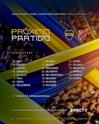 Gráfico informativo con texto 'Próximo Partido', logos de Boca Juniors y Athletico Paranaense. Muestra fecha, hora, estadio y lista de veintiún jugadores convocados. Fondo con gente