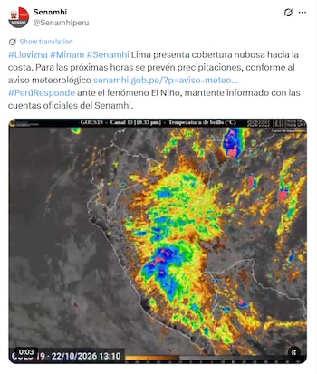 Captura de una publicación de redes sociales con un mapa satelital meteorológico de Perú en colores térmicos y texto informativo superior