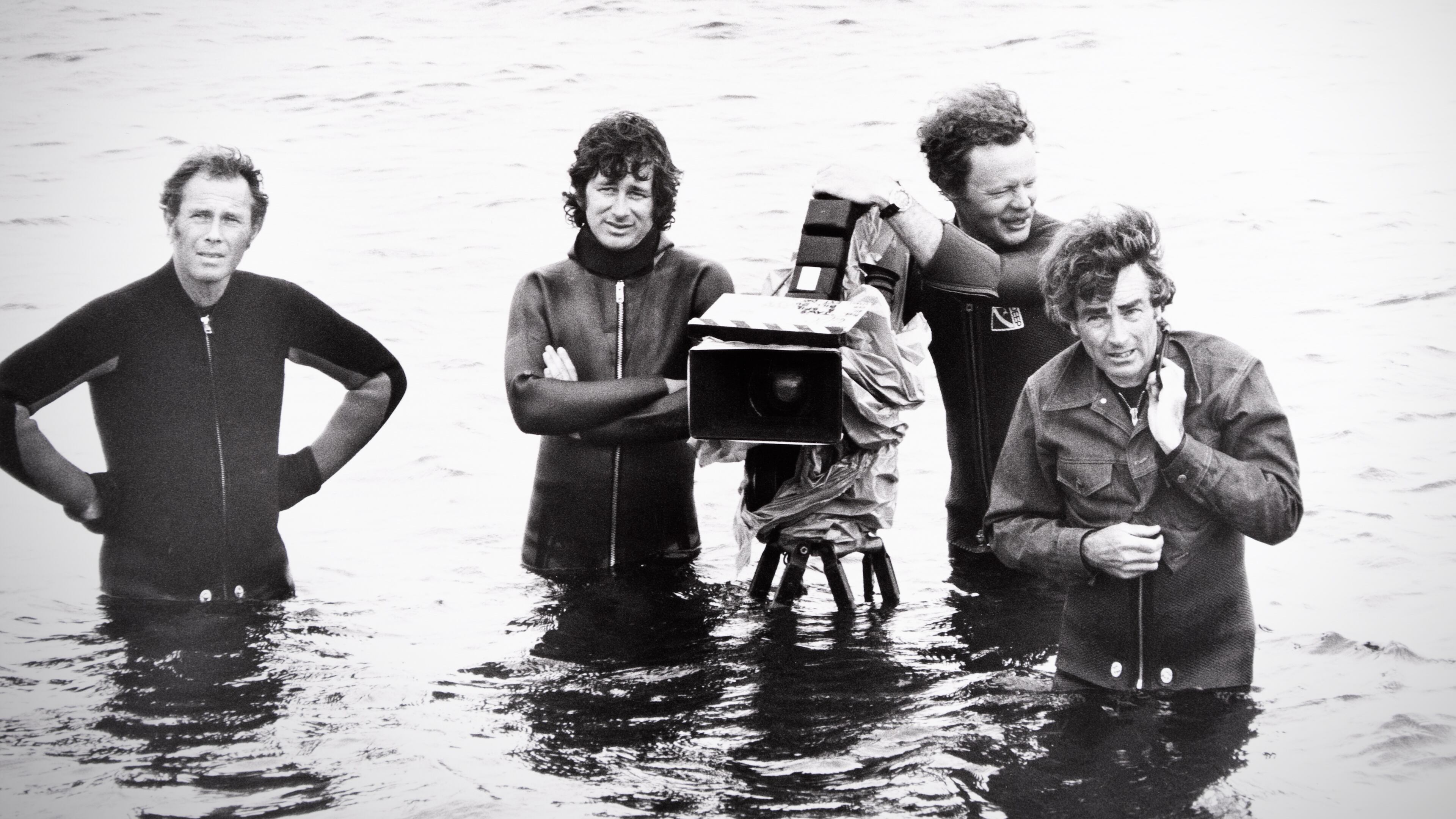 Steven Spielberg, Bill Butler, and crew on the set of Jaws in 1974. (Courtesy of Universal Studios Licensing LLC)