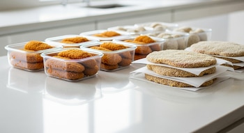 Milanesas empanadas doradas en recipientes y otras claras apiladas con papel para freezer sobre una mesada de cocina.