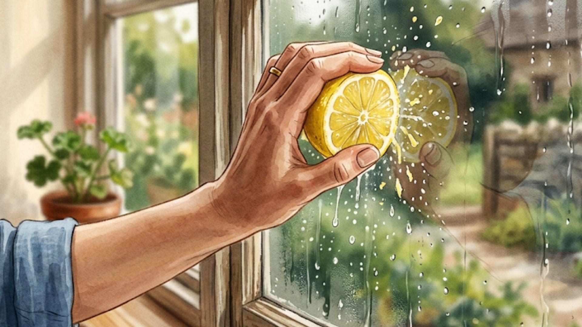 Ilustración de una mano femenina frotando medio limón en un cristal de ventana, con gotas cítricas visibles, como técnica para repeler arácnidos. (Imagen Ilustrativa Infobae)