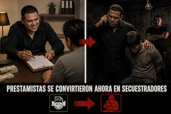 Imagen dividida con un hombre entregando dinero a la izquierda y el mismo sujeto sosteniendo a una persona atada y amordazada a la derecha.