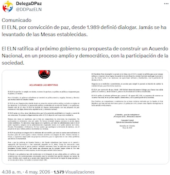 El ELN rechaza acusaciones de amenazas electorales y narcotráfico en nuevo comunicado - crédito @DDPazELN/X