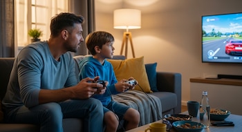 Un hombre adulto y un niño sentados en un sofá gris, cada uno sujetando un control de videojuego mientras miran una pantalla de TV con un juego de carreras.