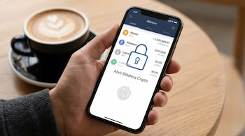 Mano sosteniendo un celular. La pantalla muestra una aplicación de criptobilletera con un candado y un ícono de huella digital para acceso. Una taza de café está detrás.