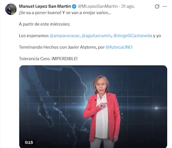 Publicación en red social con texto informativo y una captura de video que muestra a María Amparo Casar frente a un mapa de México
