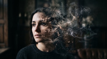 Una mujer de cabello castaño cuyo rostro se divide y disuelve hacia un lado en humo gris y diminutas partículas.