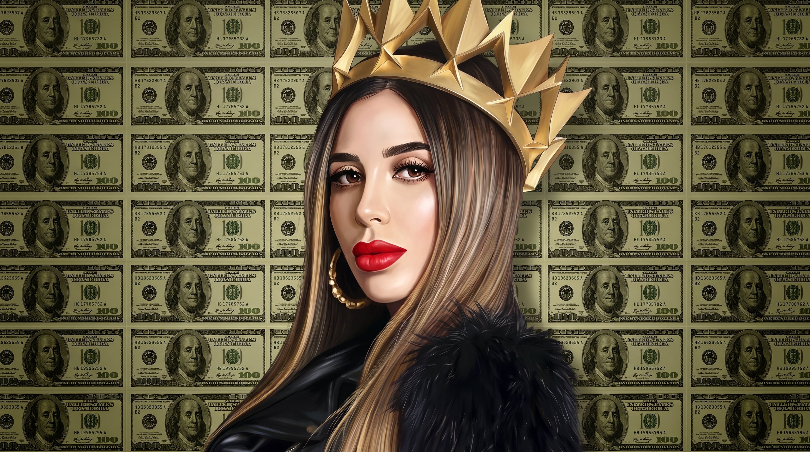 Una ilustración retrata a Emma Coronel Aispuro con una corona dorada y una chaqueta negra frente a un muro de billetes de cien dólares estadounidenses. (Imagen Ilustrativa Infobae)