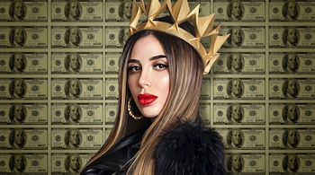 Ilustración de una mujer con corona dorada, aretes y chaqueta negra frente a un fondo cubierto de billetes de cien dólares estadounidenses.