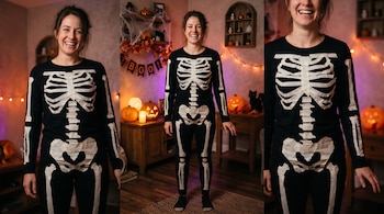 Composición de tres tomas de una mujer sonriente con ropa negra y cinta adhesiva blanca pegada al cuerpo frente a calabazas decorativas.