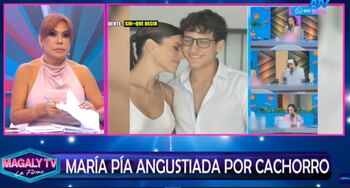 Captura de pantalla de televisión con Magaly Medina a la izquierda y una fotografía de María Pía Copello junto a su hijo en la parte central