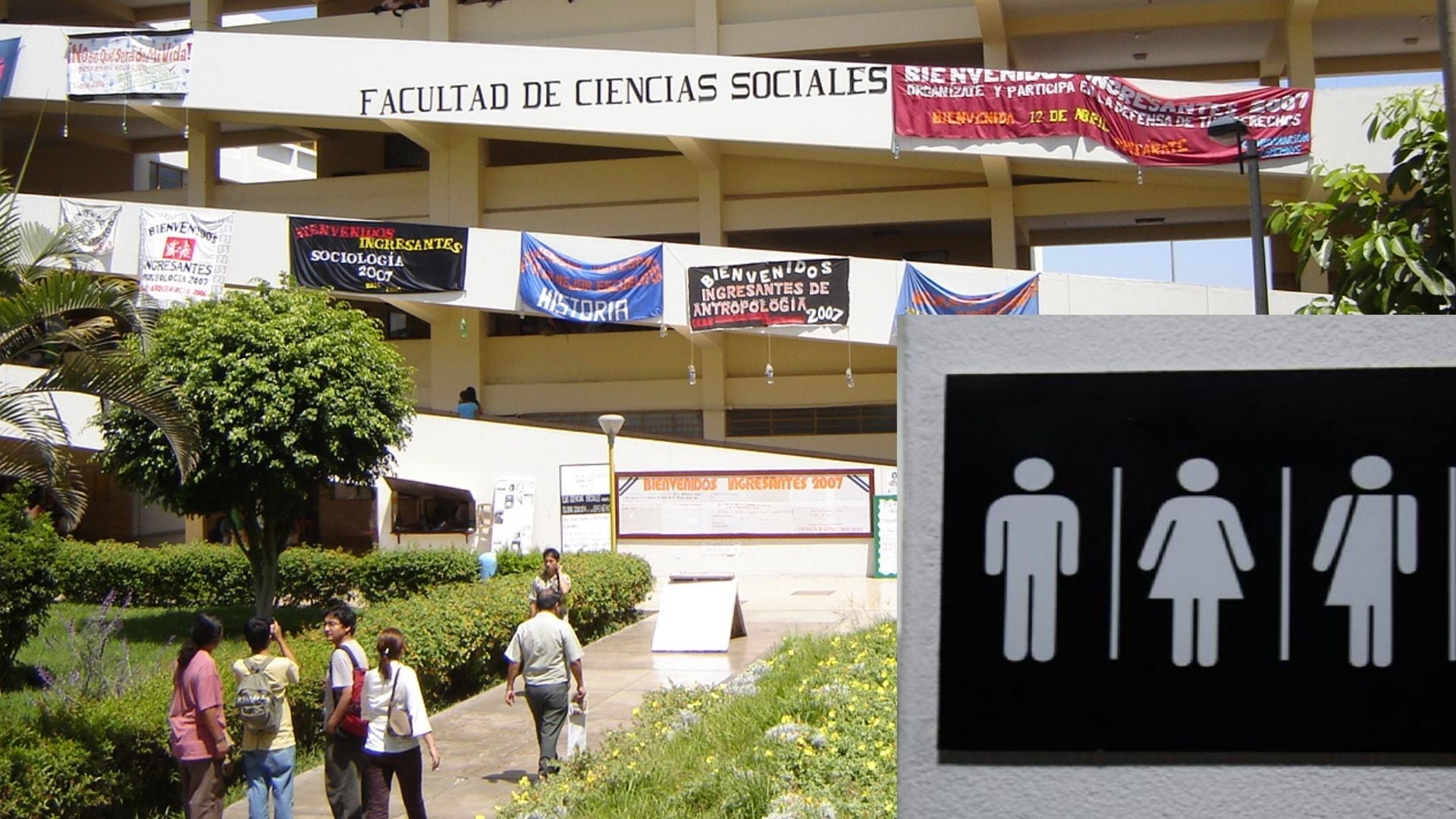 Un cartel de baños inclusivos se observa en la Facultad de Ciencias Sociales de la UNMSM, mientras estudiantes caminan por sus instalaciones. (San Marcos)
