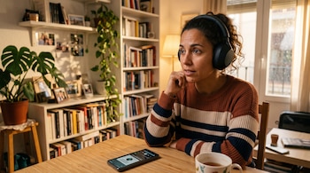 Mujer con audífonos y suéter de rayas sentada a una mesa de madera junto a un teléfono inteligente y una taza, con estanterías de fondo.