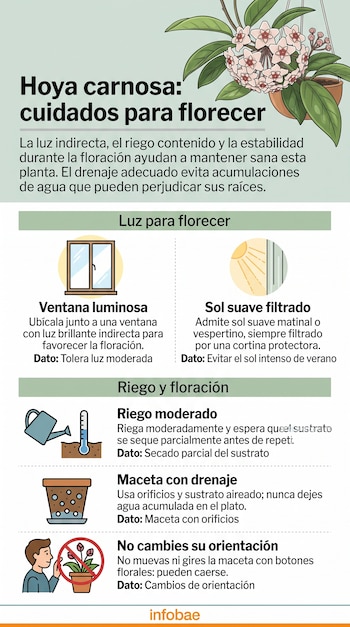Infografía con la ilustración de una Hoya carnosa en flor e iconos sobre iluminación, riego, drenaje y orientación de la maceta.