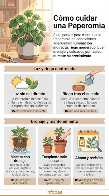Infografía explicativa sobre el cuidado de la Peperomia con ilustraciones de plantas, regadera, maceta con drenaje y calendario.