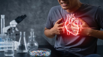 Hombre con dolor de pecho, corazón con microplásticos y trazado de electrocardiograma. Plato de Petri con partículas y equipo de laboratorio.