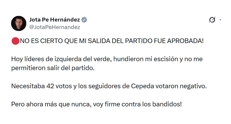 El senador Jota Pe Hernández amplió sus reacciones sobre su proceso de escisión y confirmó que su solicitud fue hundida - crédito @JotaPeHernandez/X