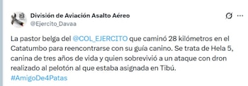 El extravío de Hela 5 se produjo tras un ataque con dron en Tibú, donde quedó separada de su guía y pelotón - crédito @Ejercito_Davaa/ X