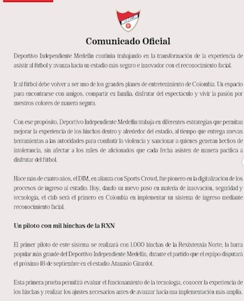 El comunicado oficial del Deportivo independiente Medellín sobre la implementación del reconocimiento facial, por primera vez, en el fútbol profesional colombiano - crédito DIM