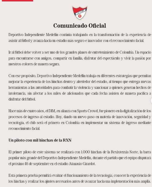 El comunicado oficial del Deportivo independiente Medellín sobre la implementación del reconocimiento facial, por primera vez, en el fútbol profesional colombiano - crédito DIM