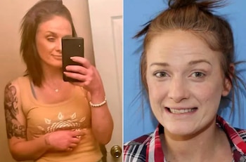 Imagen dividida con dos fotos de Hailey E. Athay: a la izquierda, selfie en espejo; a la derecha, retrato de frente con camisa a cuadros y fondo azul