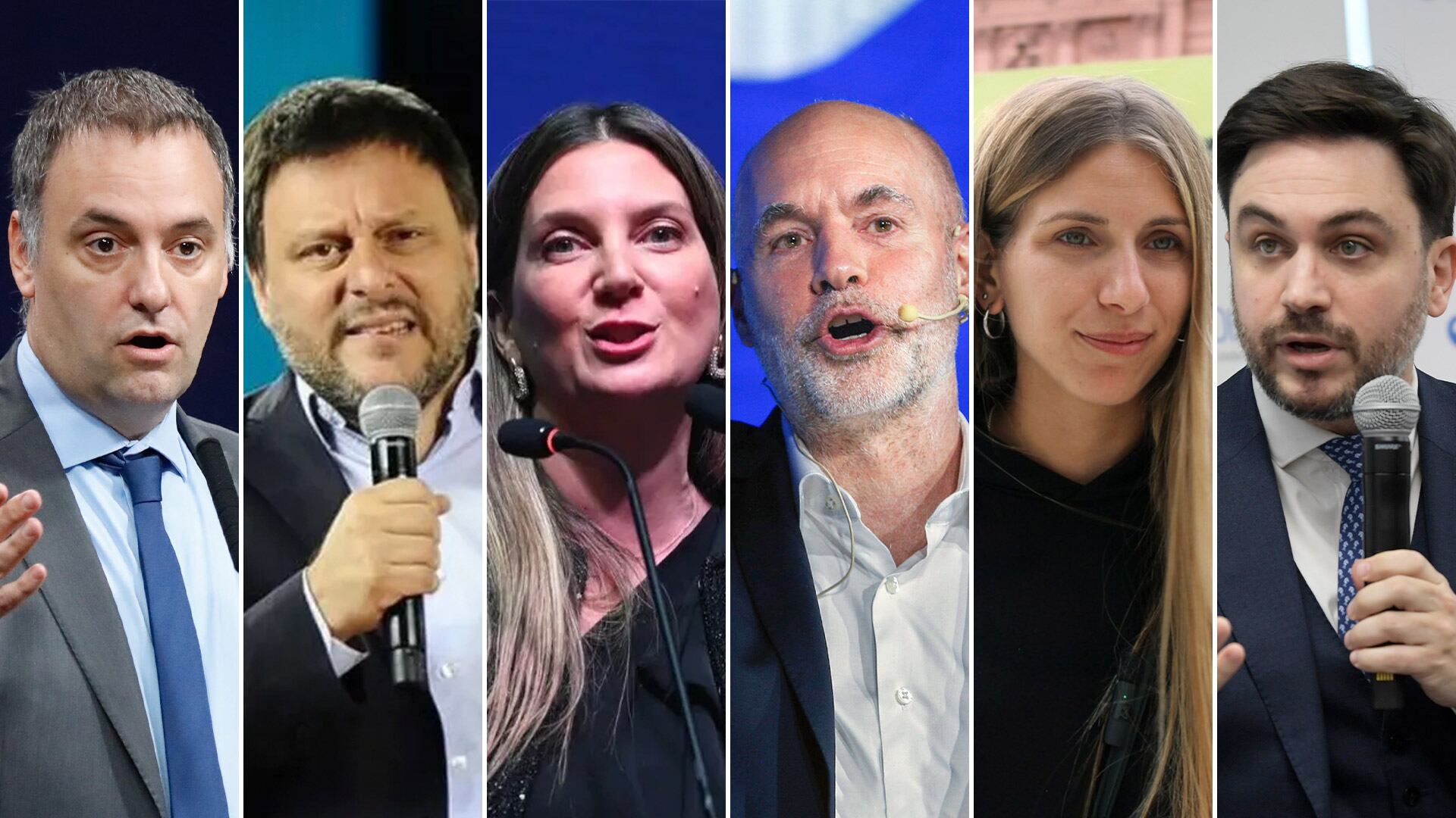 Candidatos Manuel Adorni, Leandro Santoro, Silvia Lospennato, Horacio Rodríguez Larreta, Lula Levy y Ramiro Marra